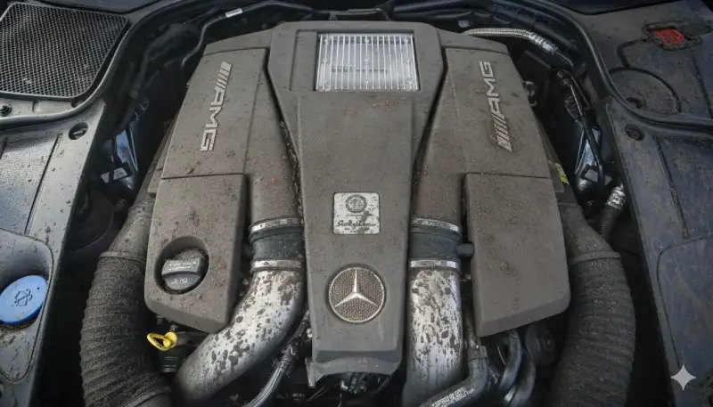 dirty car engine bay